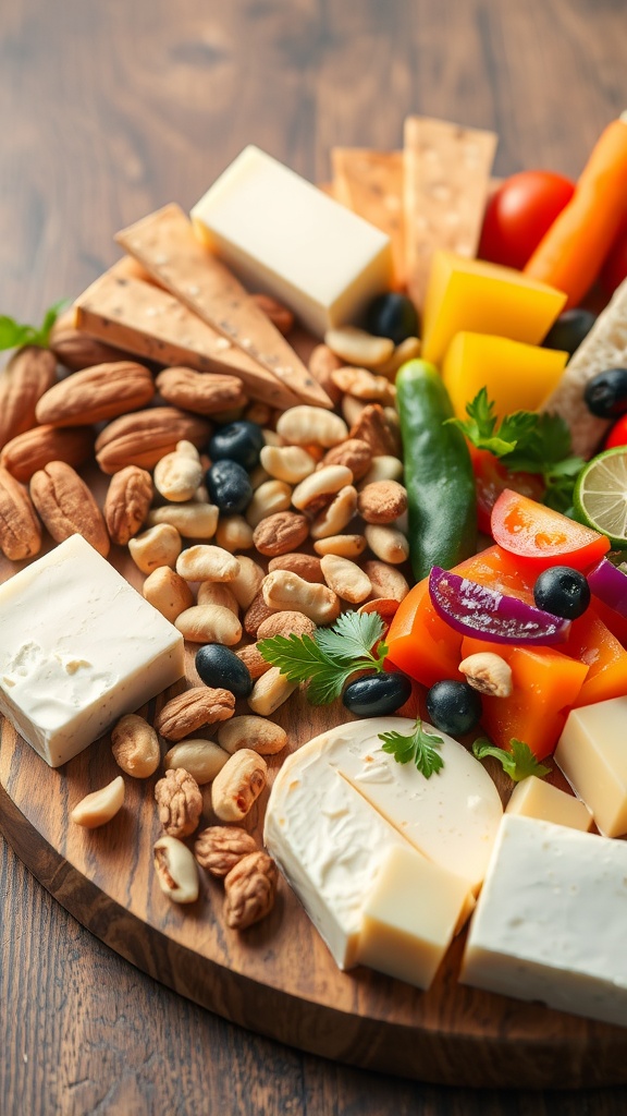 A colorful vegetarian cheese platter featuring various cheeses, nuts, and vegetables.