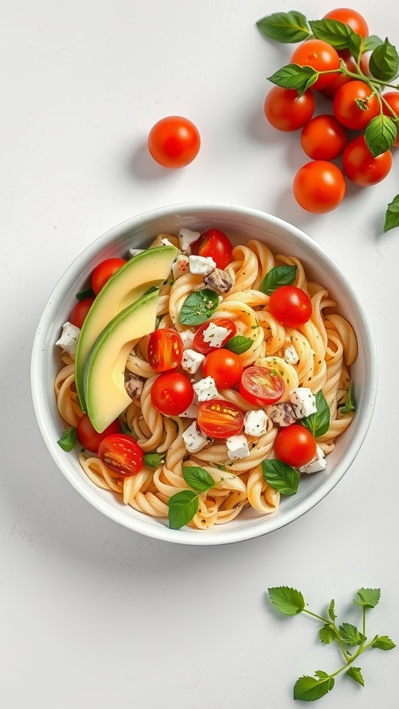 A bowl of Vegetarian Greek Pasta Salad with Avocado, featuring colorful ingredients like cherry tomatoes, feta cheese, and fresh basil.