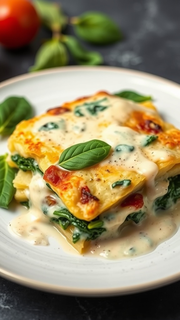 A serving of vegetarian scalloped potatoes with spinach, creamy and topped with cheese.
