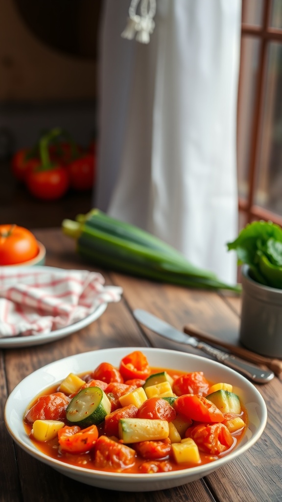 A bowl of vegetarian stewed tomatoes with zucchini, showcasing vibrant colors and fresh ingredients.