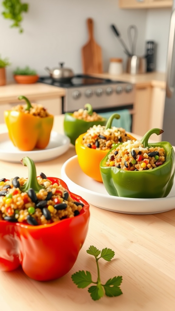 Vegetarian stuffed peppers filled with quinoa, black beans, and corn.
