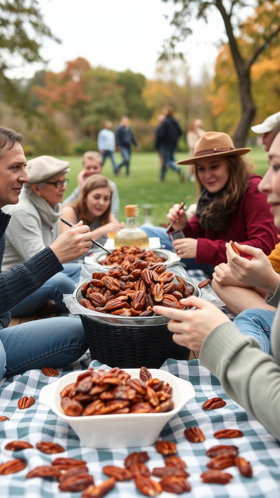A group of people enjoying keto candied pecans during a picnic in a park.