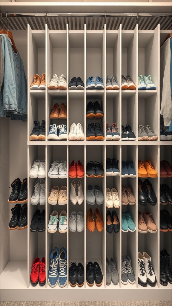 Organized shoe storage with vertical dividers in a small closet