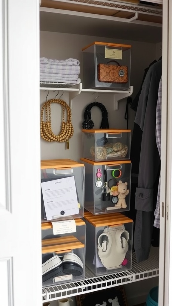 Organized closet with vertical filing for accessories, including clear bins and hanging storage.
