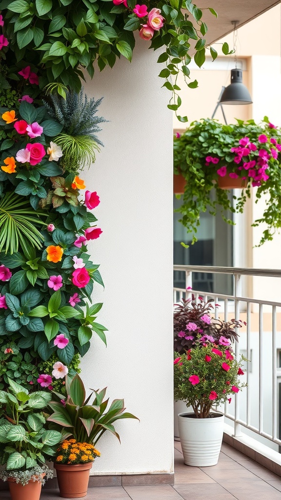 A vibrant vertical garden with colorful flowers and plants on a balcony