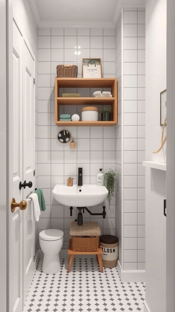 A small bathroom with vertical storage solutions including shelves and baskets above the sink.