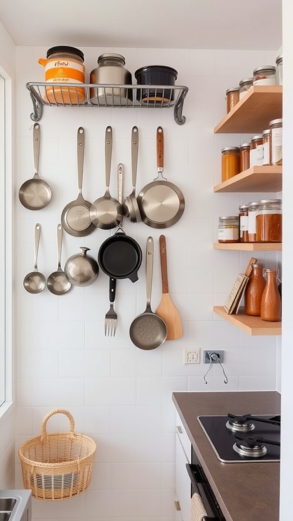 A small kitchen with pots and utensils hanging on the wall and shelves filled with jars.