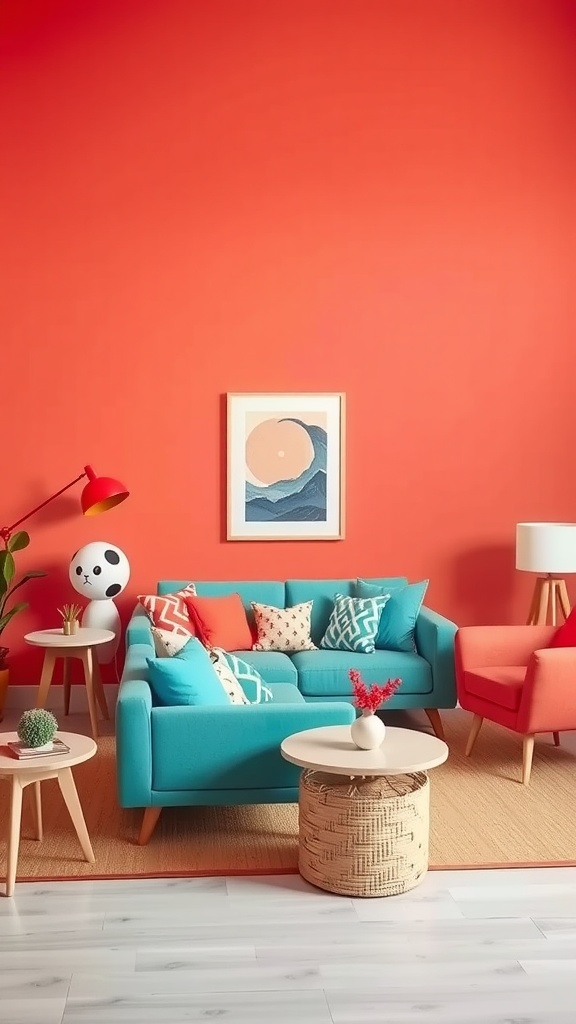 Living room with vibrant coral walls and colorful furniture