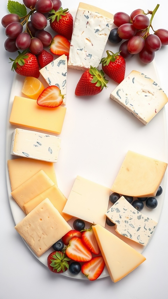 A colorful cheese platter with assorted cheeses and vibrant fruits.