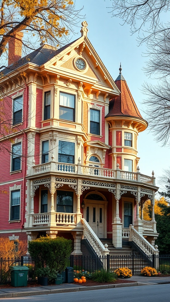 A Victorian-style house with ornate details, a turret, and a wrap-around porch.
