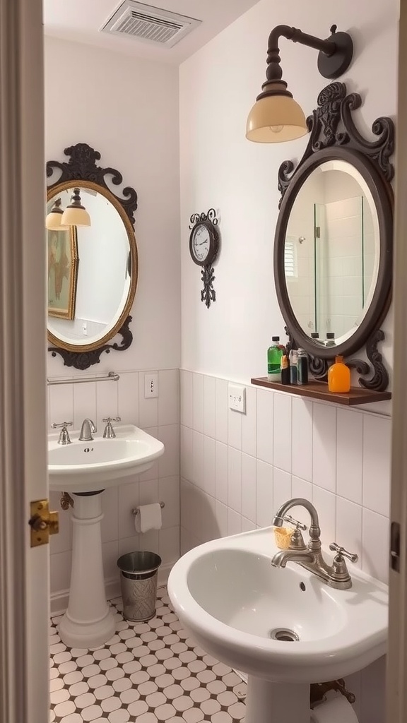A small bathroom featuring vintage decor with ornate mirrors and classic lighting.