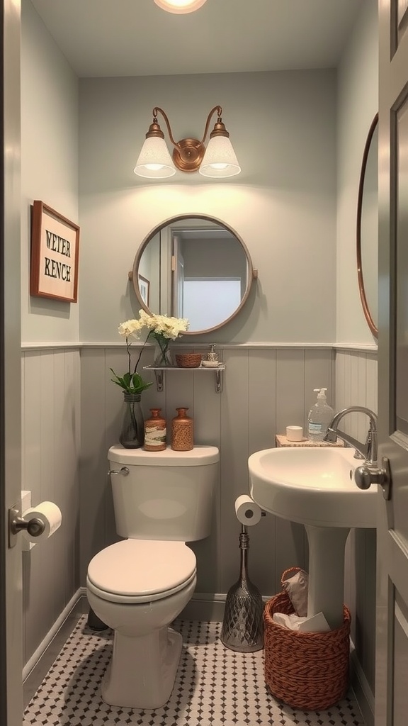 A cozy half bathroom featuring vintage accents with modern design elements.
