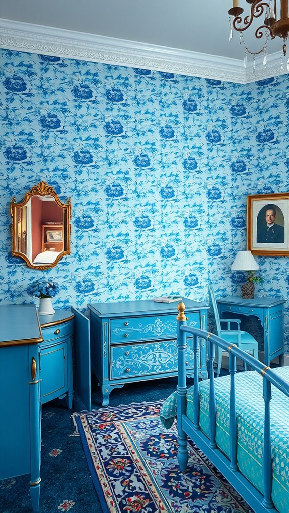 A vintage blue bedroom with patterned wallpaper, blue furniture, and decorative elements.