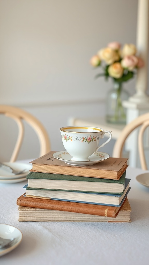 A stack of vintage books with a delicate teacup on top, sitting on a dining table.