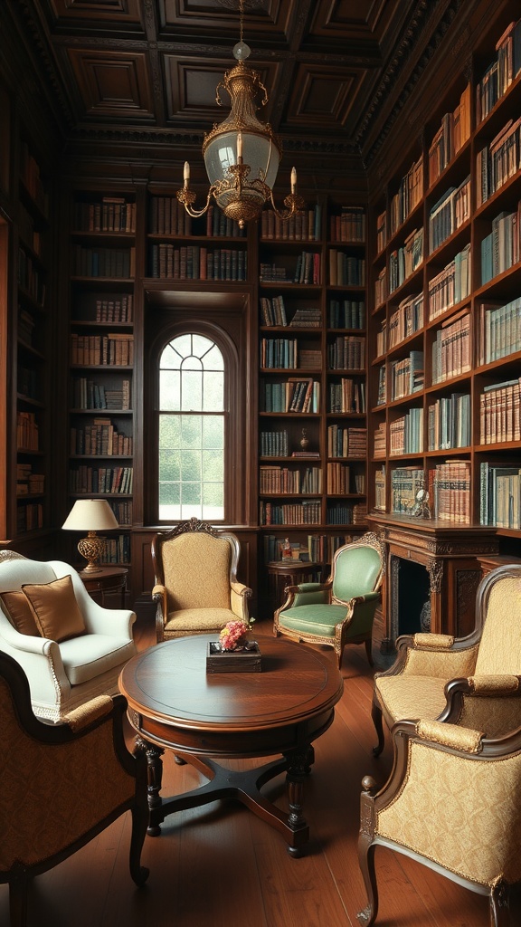 A cozy vintage library room featuring antique furniture, bookshelves filled with books, and a warm ambiance.