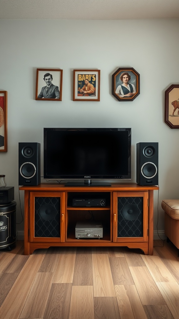 A vintage wooden entertainment center with modern technology, featuring speakers and a flat-screen TV, surrounded by vintage artwork.