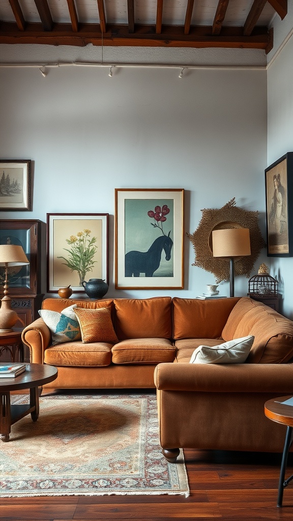 Living room featuring a brown couch, vintage artwork, and decorative elements