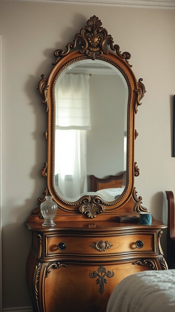 A vintage antique mirror with ornate details above a wooden dresser.