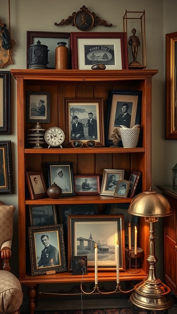 A vintage corner shelf filled with antique items and photographs.