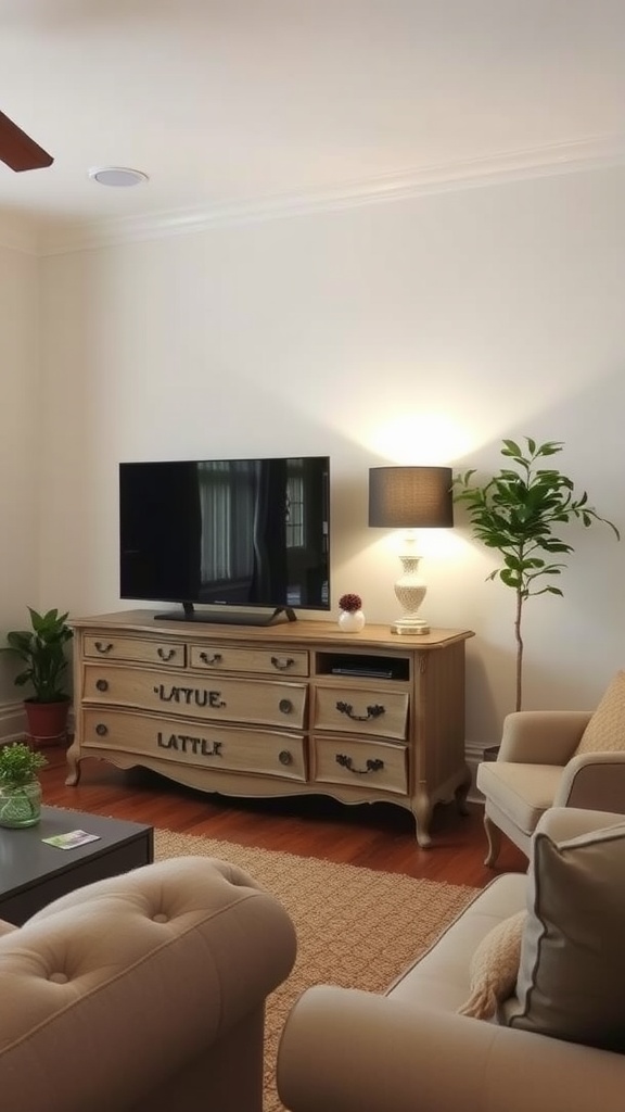 A vintage dresser used as a TV stand, featuring a television on top and decorative elements around.