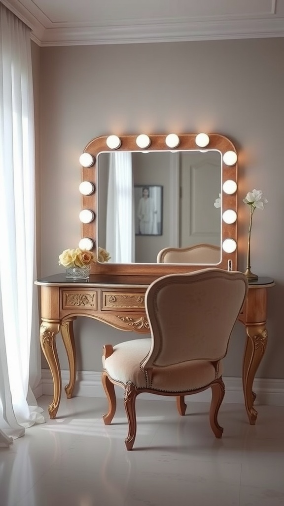 A vintage Hollywood glam vanity with a mirror and lights, featuring a plush chair and decorative flowers.