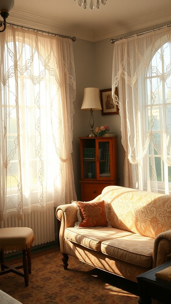 A cozy living room with vintage lace curtains softly filtering sunlight.