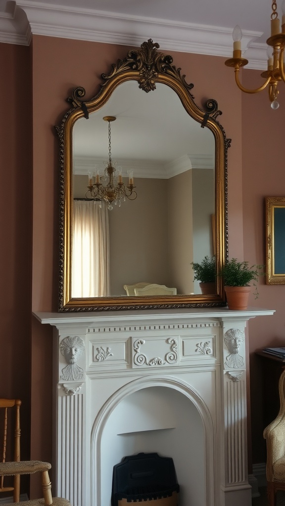 A vintage mirror above a white fireplace with ornate details.