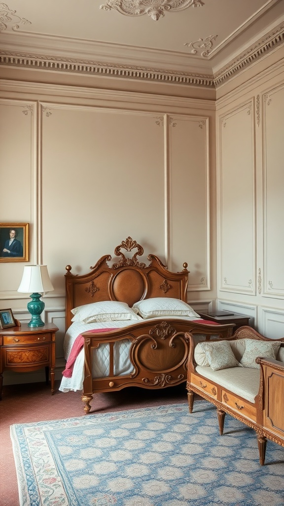 A beautifully designed vintage bedroom featuring intricate wall moulding and classic furniture.