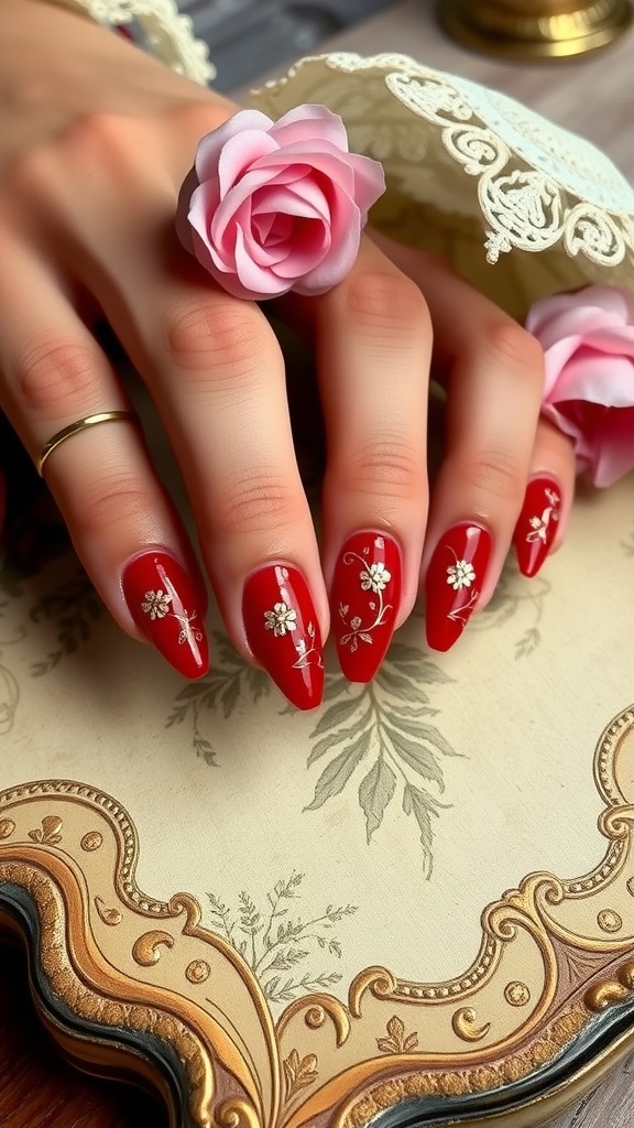 Vintage red and gold floral nail art featuring intricate designs on long nails