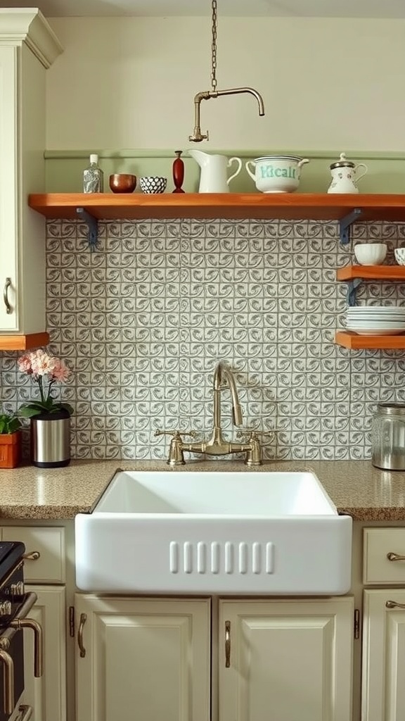 A kitchen with vintage tin panels as a backsplash, featuring a farmhouse sink and open shelves
