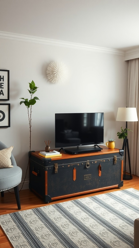 A vintage trunk serving as a TV stand with a television on top and stylish decor around it.