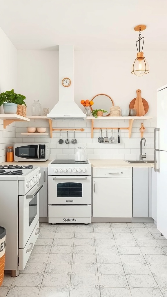 A cozy vintage white kitchen with wooden accents and open shelving.