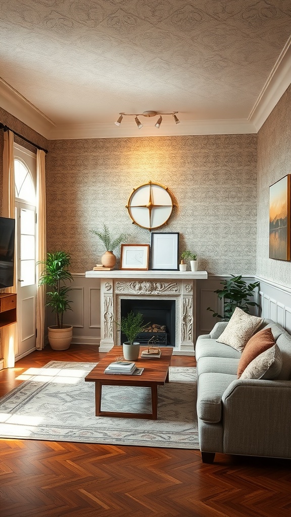 Cozy living room featuring textured walls and wainscoting.