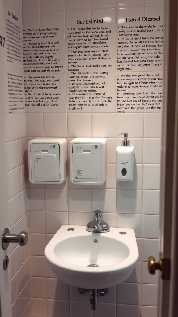 A tiny bathroom featuring a wall-mounted sink and accessories.