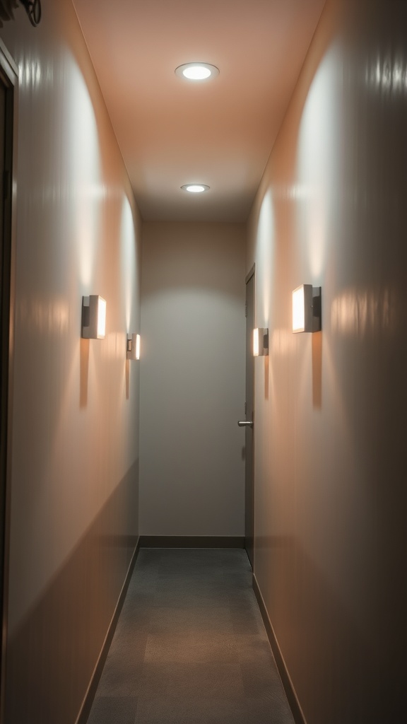 A narrow hallway featuring wall-mounted lighting fixtures and overhead lights.
