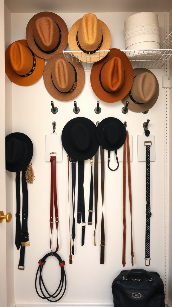 A small closet with wall-mounted racks displaying various hats and accessories.