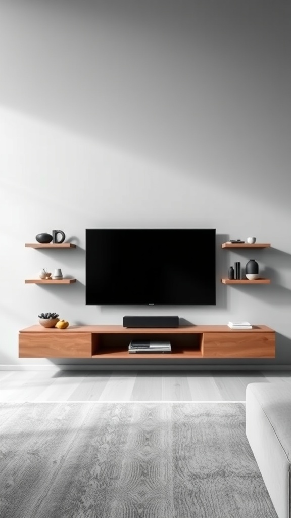 A modern wall-mounted entertainment center featuring a television and decorative shelves.