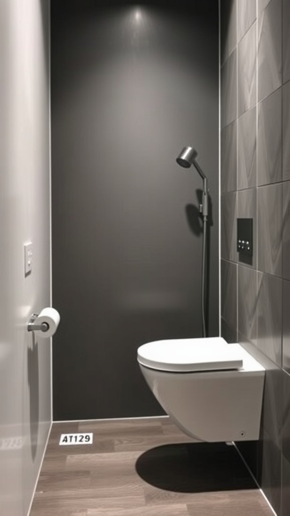 A modern wall-mounted toilet in a stylish half bathroom.