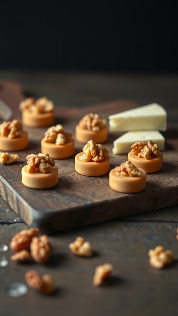 A platter of walnut and cheese bites made with cream cheese and topped with chopped walnuts.