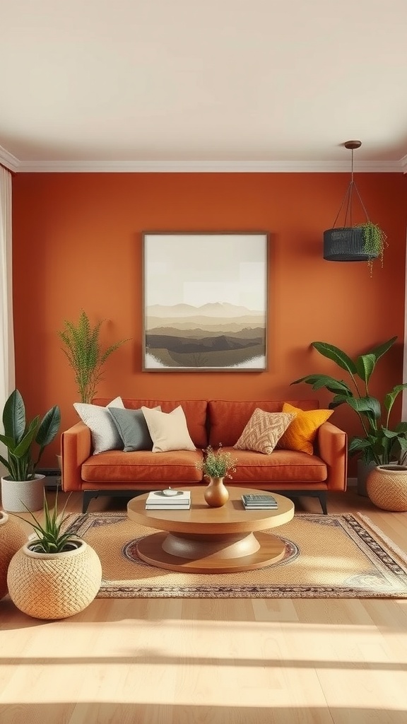 Living room with warm terracotta walls, cozy sofa, and plants