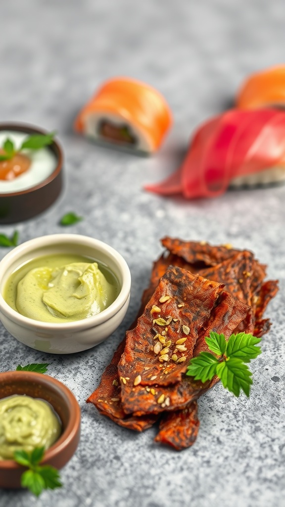 Delicious wasabi beef jerky with dipping sauces and herbs