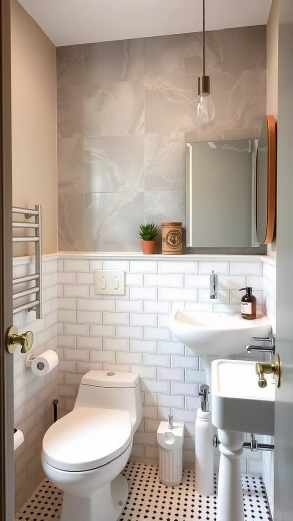 A stylish half bathroom featuring water-saving fixtures.