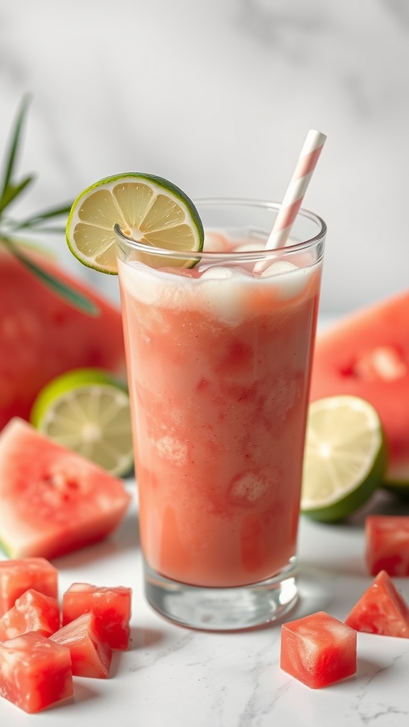 A refreshing watermelon and lime smoothie with ice and garnished with a lime slice.