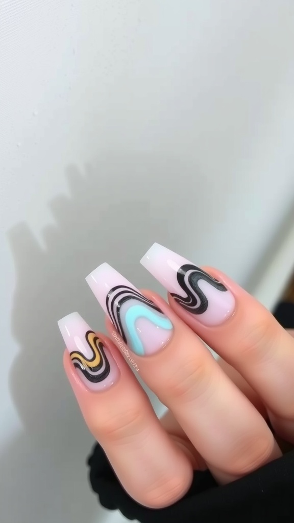 Acrylic coffin nails featuring wavy lines in various colors.