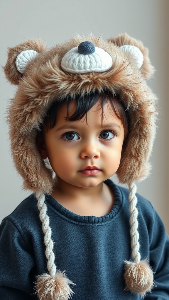 A child wearing a cute bear hat with ear flaps.