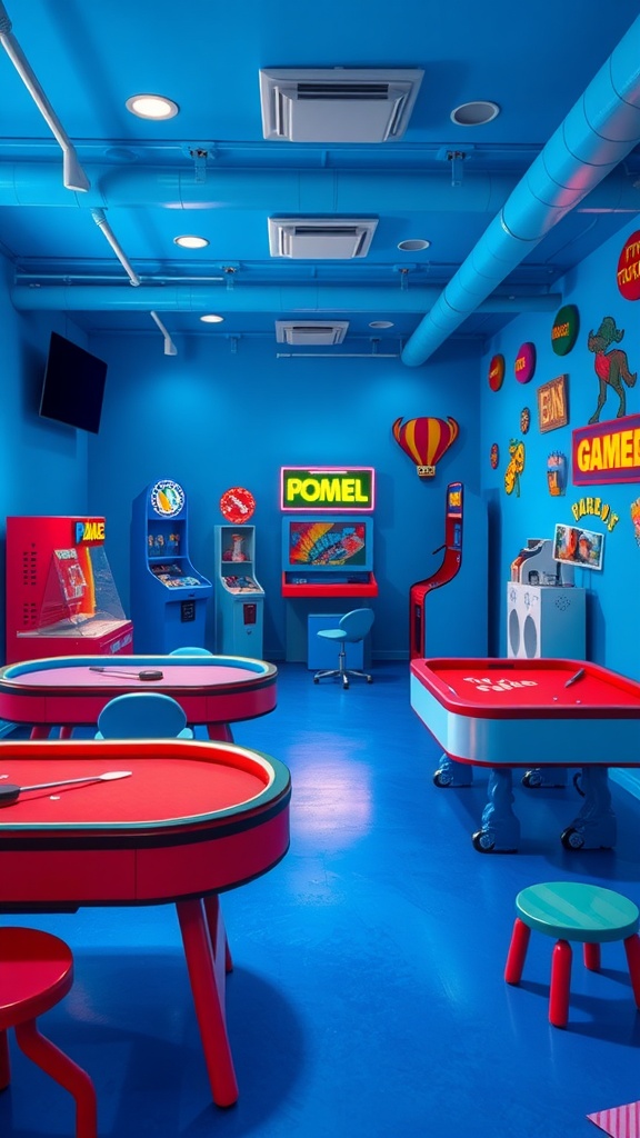 A colorful blue game room with arcade games and playful furniture