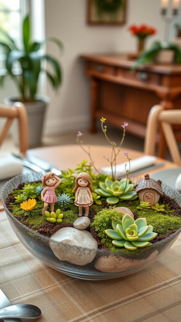 A whimsical fairy garden centerpiece featuring two figurines, colorful succulents, and decorative rocks.