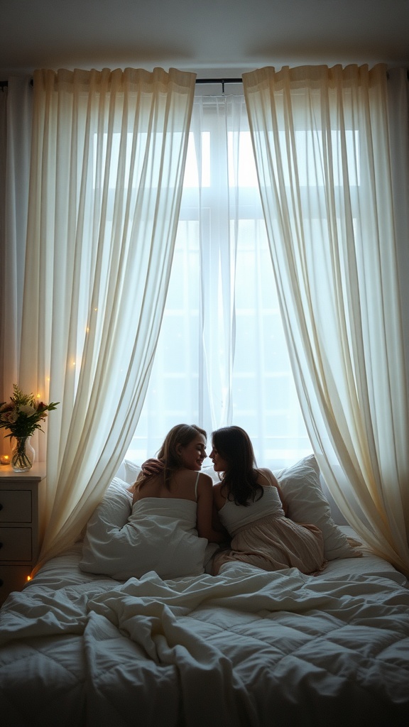 Two people sitting on a bed with sheer curtains and fairy lights in the background.