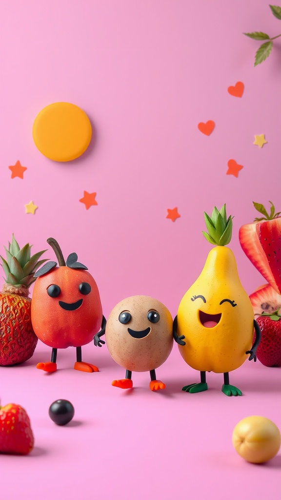 A cute fruit display featuring characters made from fruits like a smiling tomato, a happy potato, and a cheerful banana against a pink background.