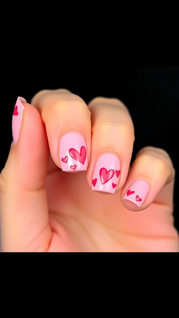 Cute short nails with whimsical heart designs in pink and red